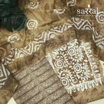 Farheen Coffee Brown Patra Detailing in Dabu Floral Printed Cotton Suit Set
