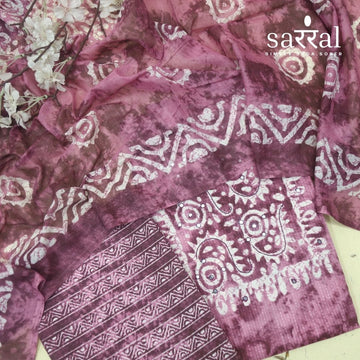 Farheen Mulberry Purple Patra Detailing in Dabu Floral Printed Cotton Suit Set