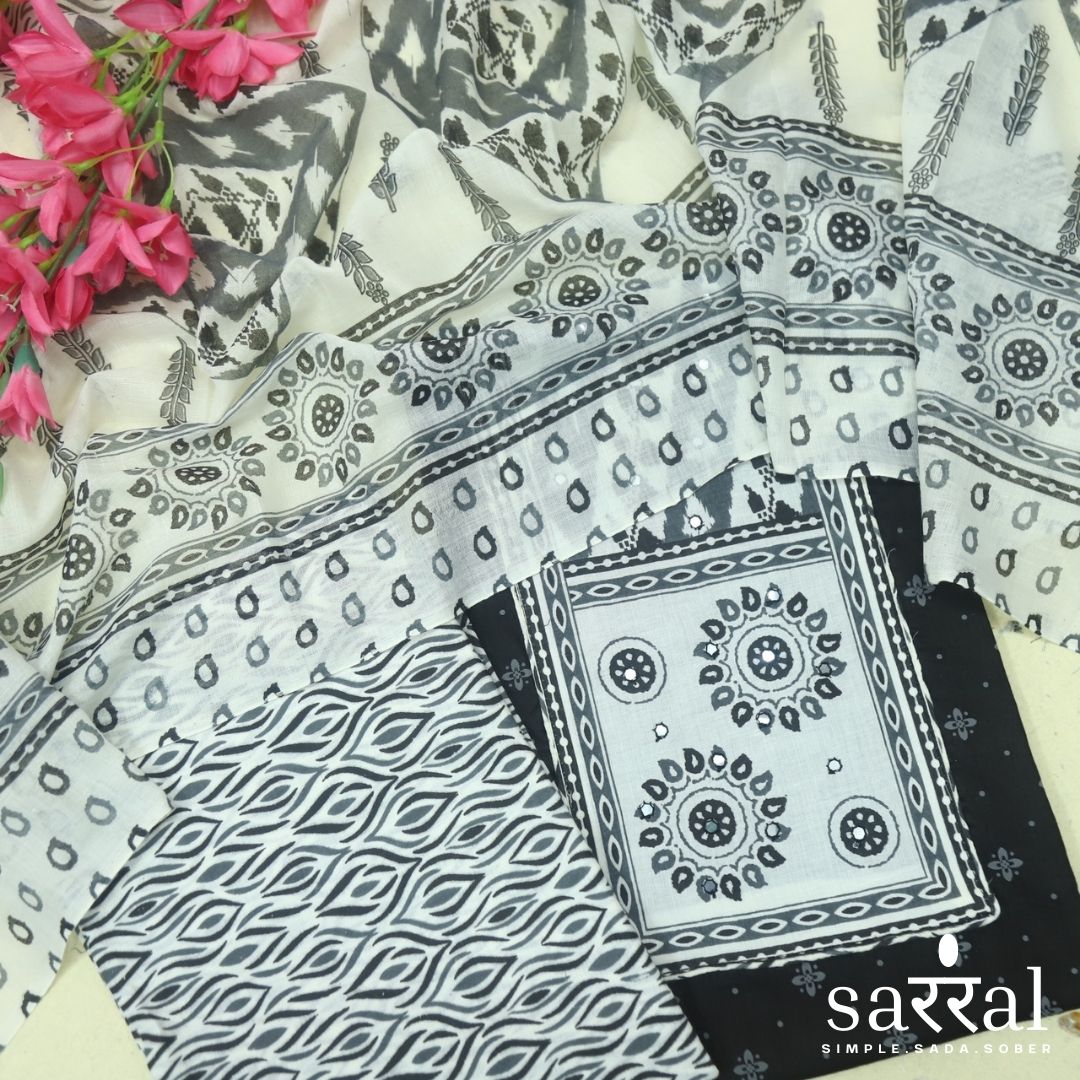 Farheen Ebony Black Patra Detailing Patch Work in Printed Cotton Suit Set