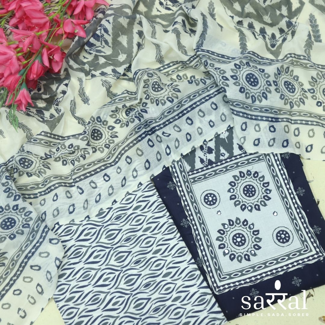 Farheen Midnight Blue Patra Detailing Patch Work in Printed Cotton Suit Set