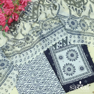 Farheen Midnight Blue Patra Detailing Patch Work in Printed Cotton Suit Set