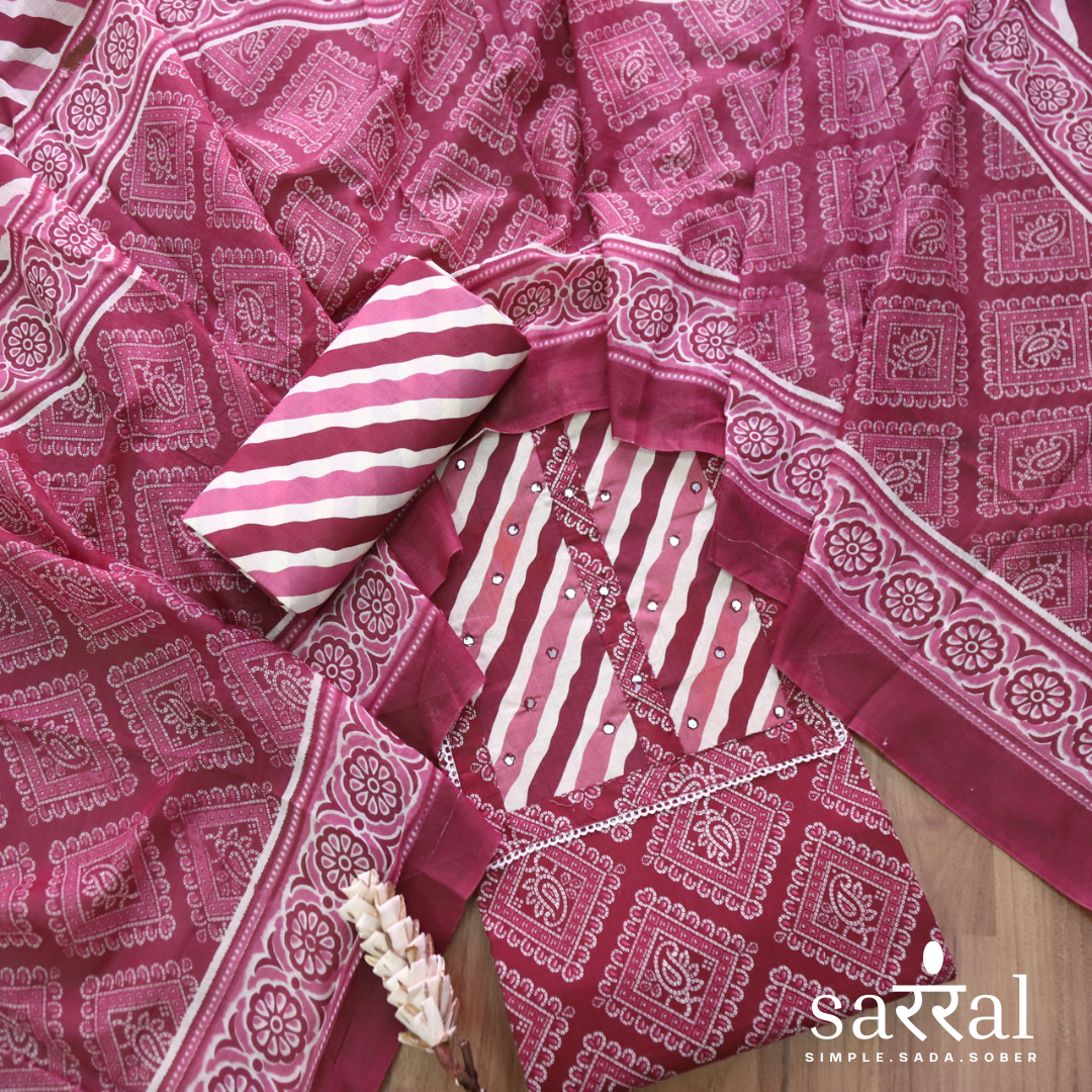 Farheen Burgundy Red Patra Work in Leheriya Patch Bandani Print Cotton Set