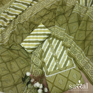 Farheen Grass Green Patra Work in Leheriya Patch Bandani Print Cotton Set