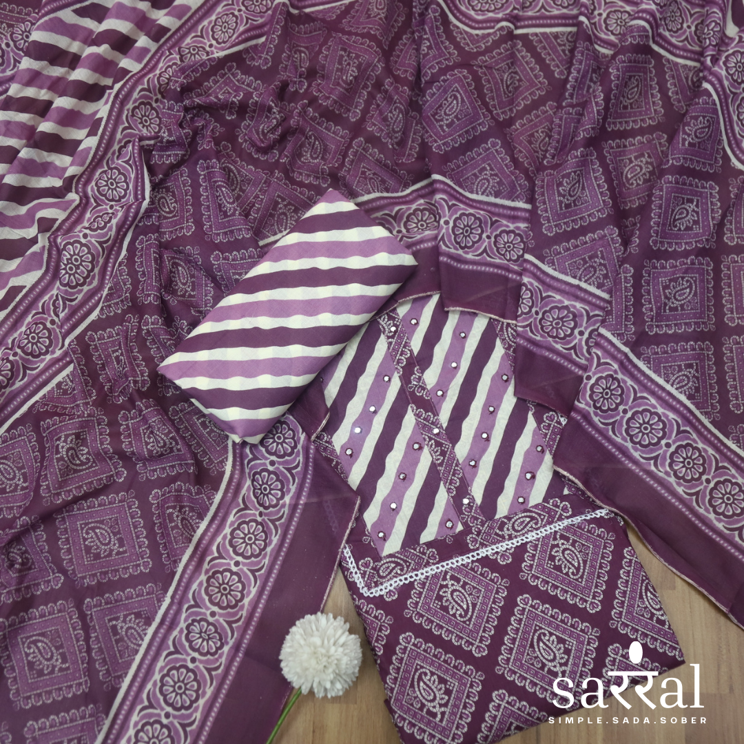 Farheen Blueberry Purple Patra Work in Leheriya Patch Bandani Print Cotton Set