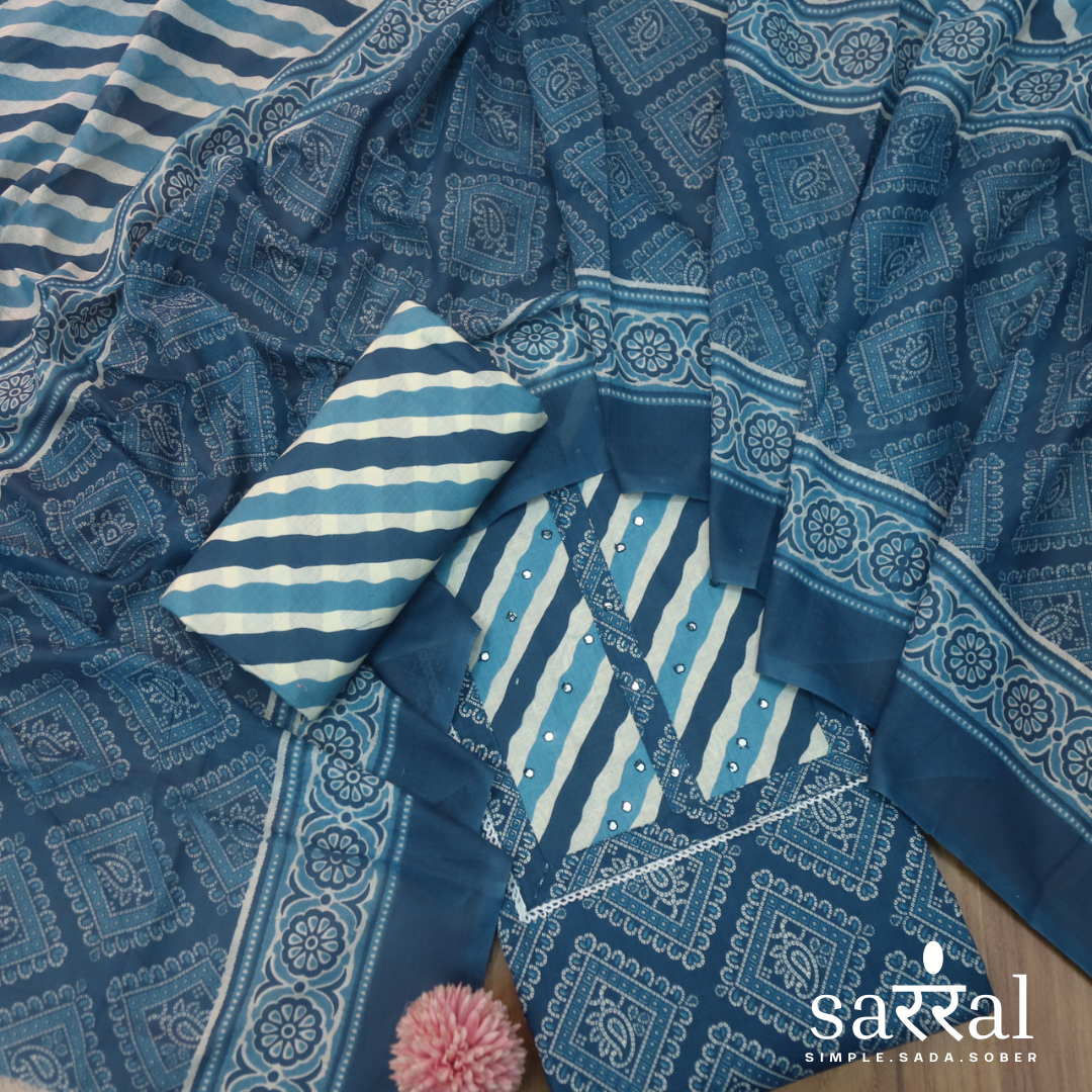 Farheen Cerulean Blue Patra Work in Leheriya Patch Bandani Print Cotton Set