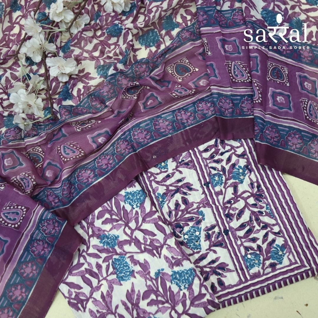 Farheen Berry Purple Kantha Work with Floral Patch Stripe Print Cotton Suit Set