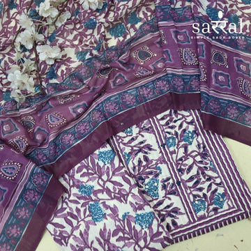 Farheen Berry Purple Kantha Work with Floral Patch Stripe Print Cotton Suit Set