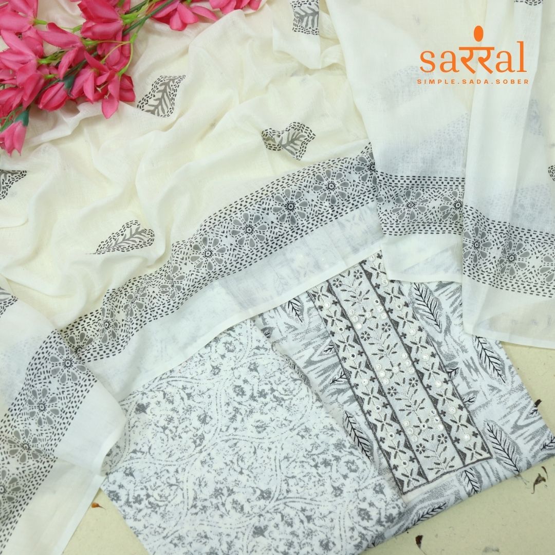 Farheen Pearl White  Patch Neck Work in Leaf Printed Cotton Suit Set