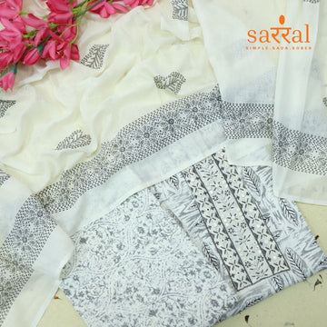 Farheen Pearl White  Patch Neck Work in Leaf Printed Cotton Suit Set