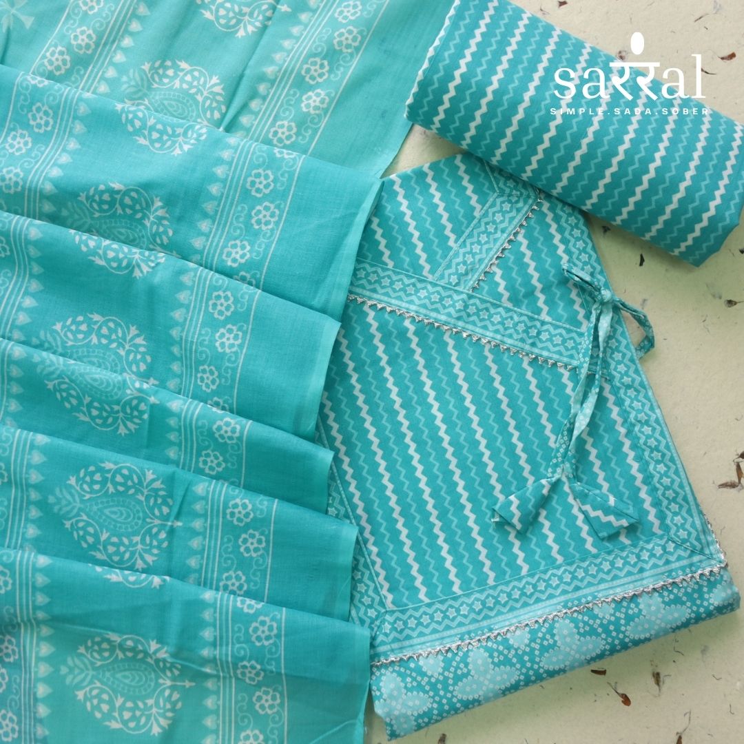 Farheen Aqua Teal Digital Printed In Angrakha Style Neck Cotton Suit Set