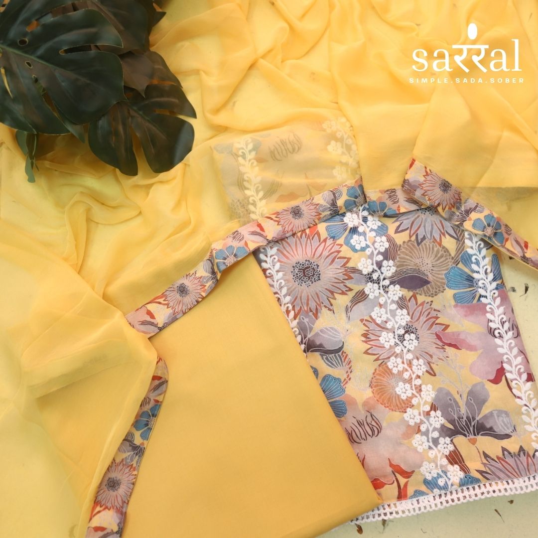 Madhubala Butterscotch Yellow Thread Embroidered Work Cotton Suit Set