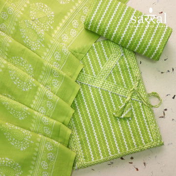 Farheen Parrot Green Digital Printed In Angrakha Style Neck Cotton Suit Set