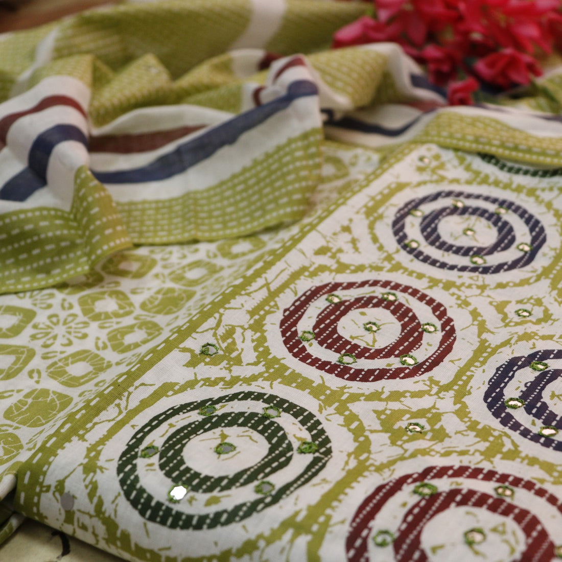 Chaahak Fern Green Patra Detailing in Batik Floral Printed Cotton Suit Set