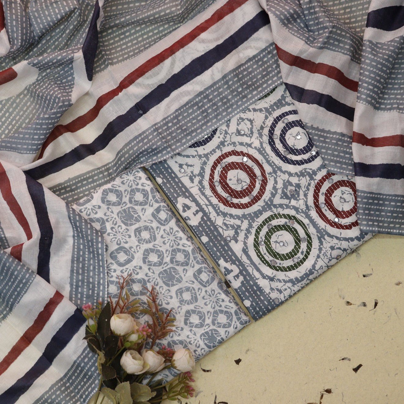 Chaahak Fossil Grey Patra Detailing in Batik Floral Printed Cotton Suit Set