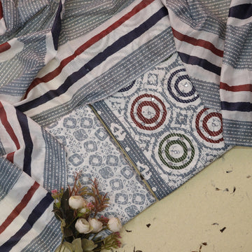 Chaahak Fossil Grey Patra Detailing in Batik Floral Printed Cotton Suit Set