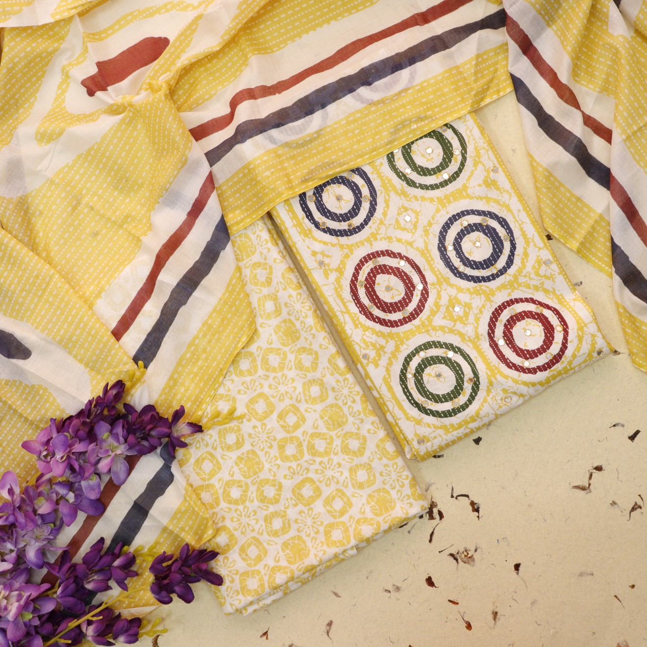 Chaahak Corn Yellow Patra Detailing in Batik Floral Printed Cotton Suit Set