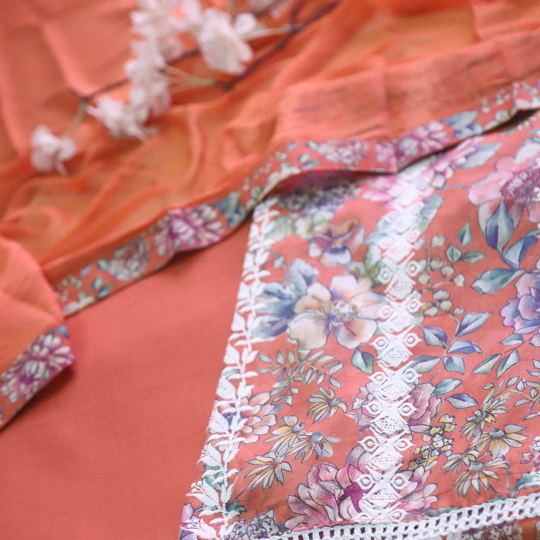 Madhubala Pumpkin Orange Thread Embroidered Work Cotton Suit Set