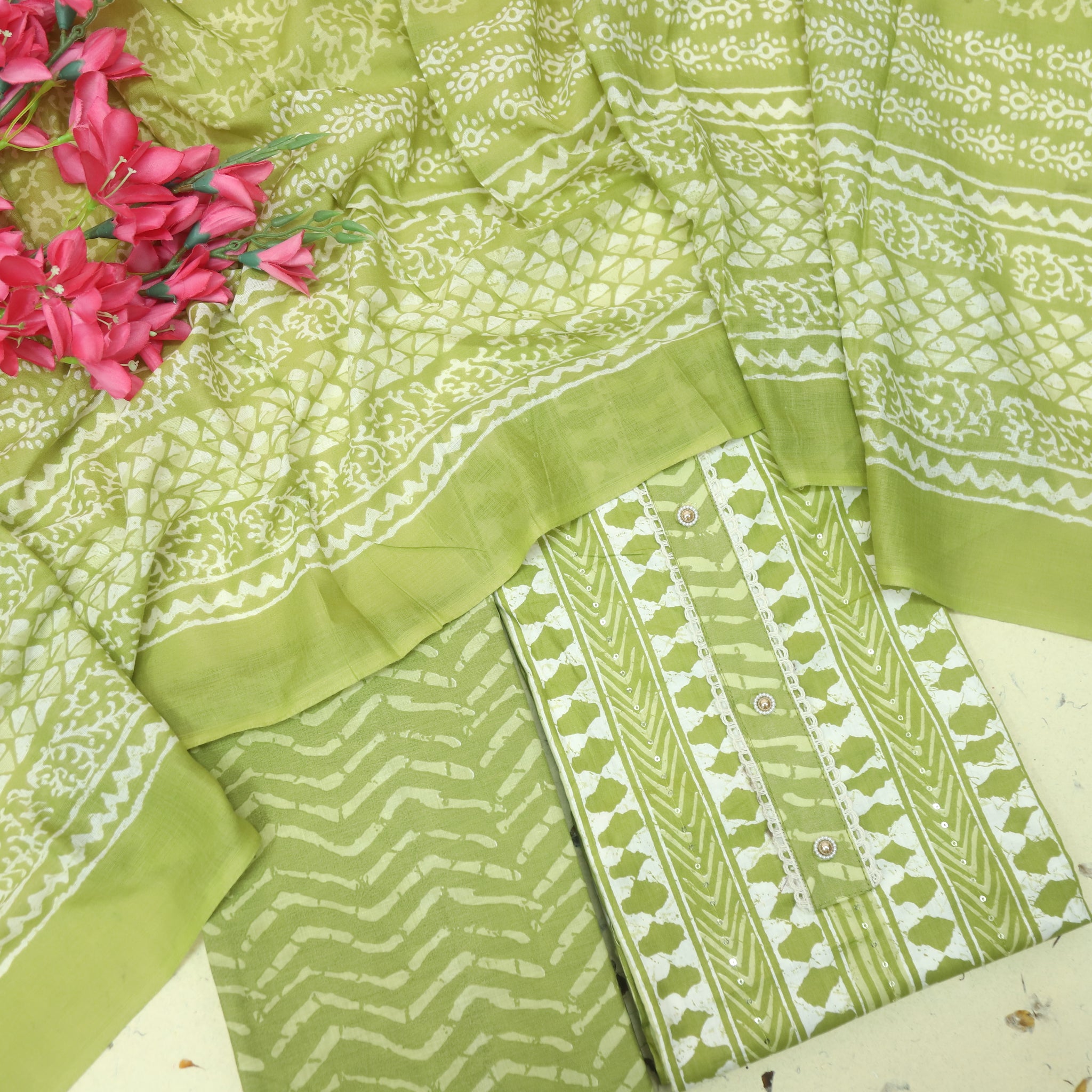 Farheen Parrot Green All Over Digital Dabu Printed Cotton Suit Set