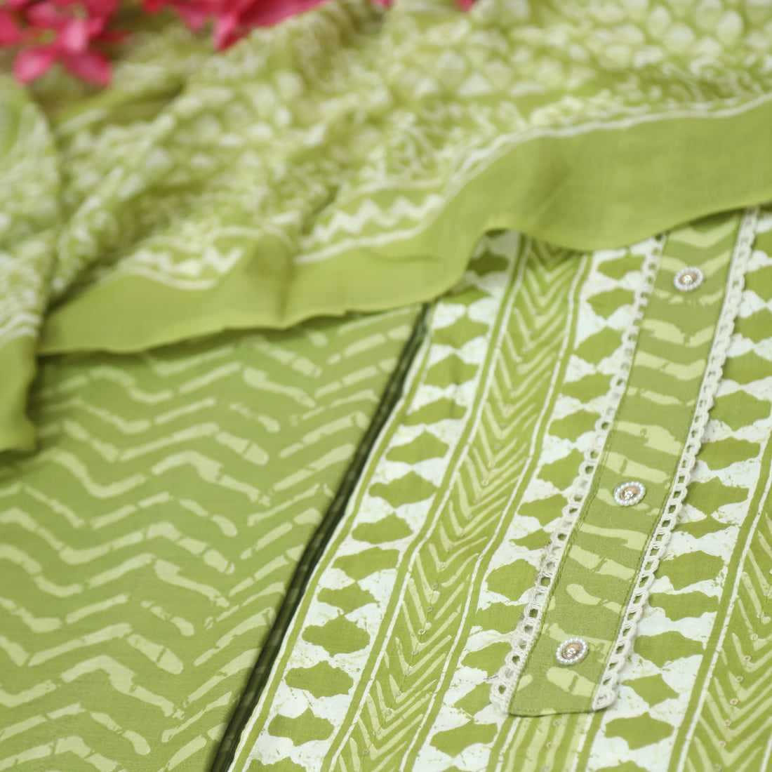 Farheen Parrot Green All Over Digital Dabu Printed Cotton Suit Set