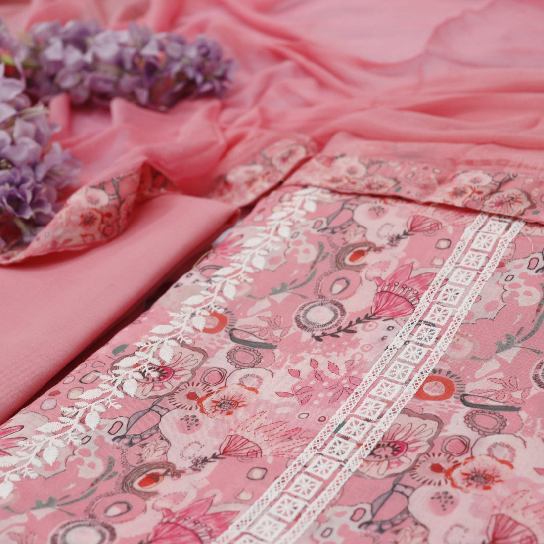 Sundari Candy Pink All Over Thread Embroidered Work Cotton Suit Set