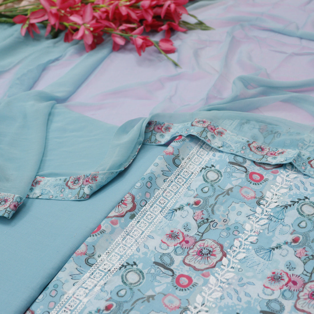 Sundari Ozone Blue All Over Thread Embroidered Work Cotton Suit Set