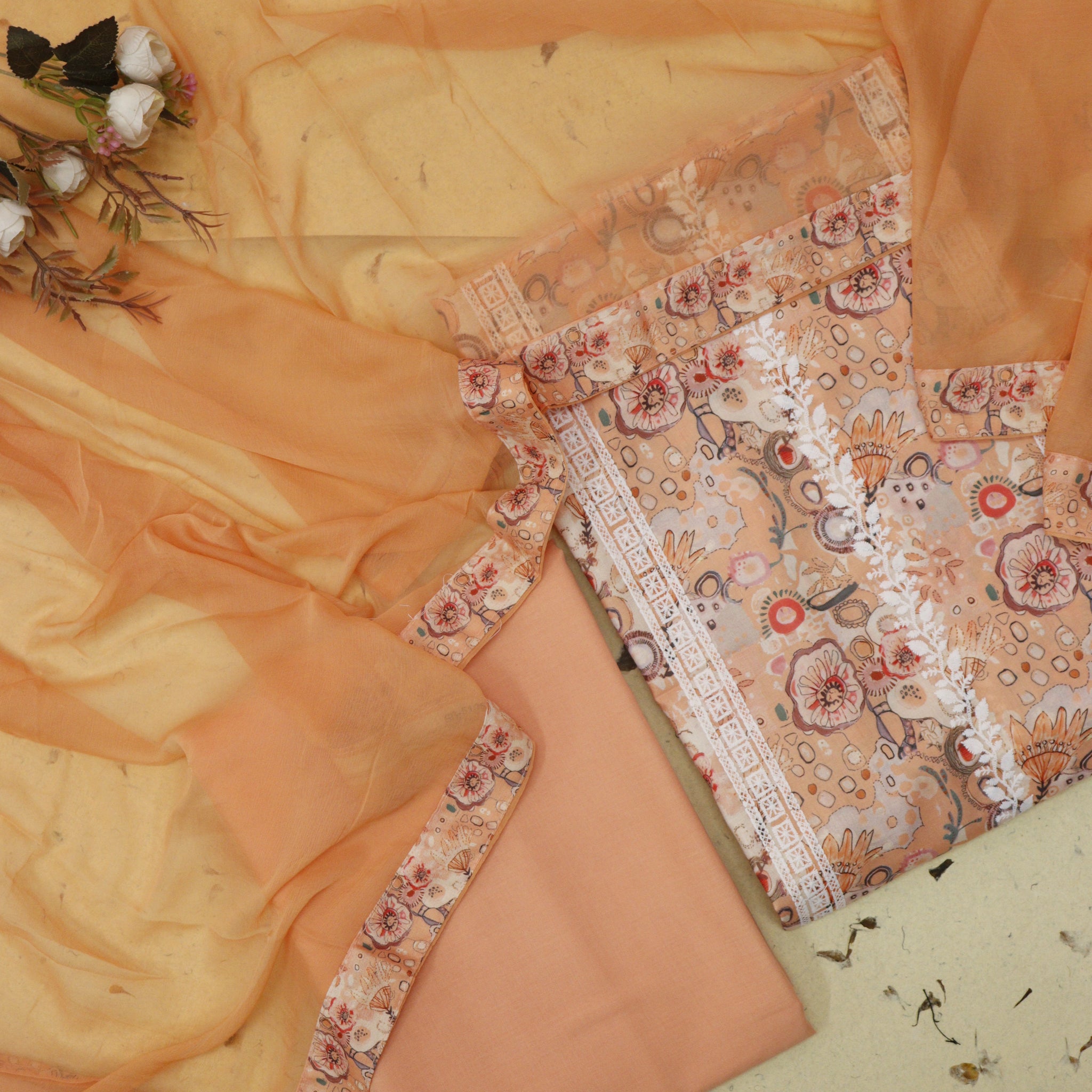 Sundari Tangerine Orange All Over Thread Embroidered Work Cotton Suit Set