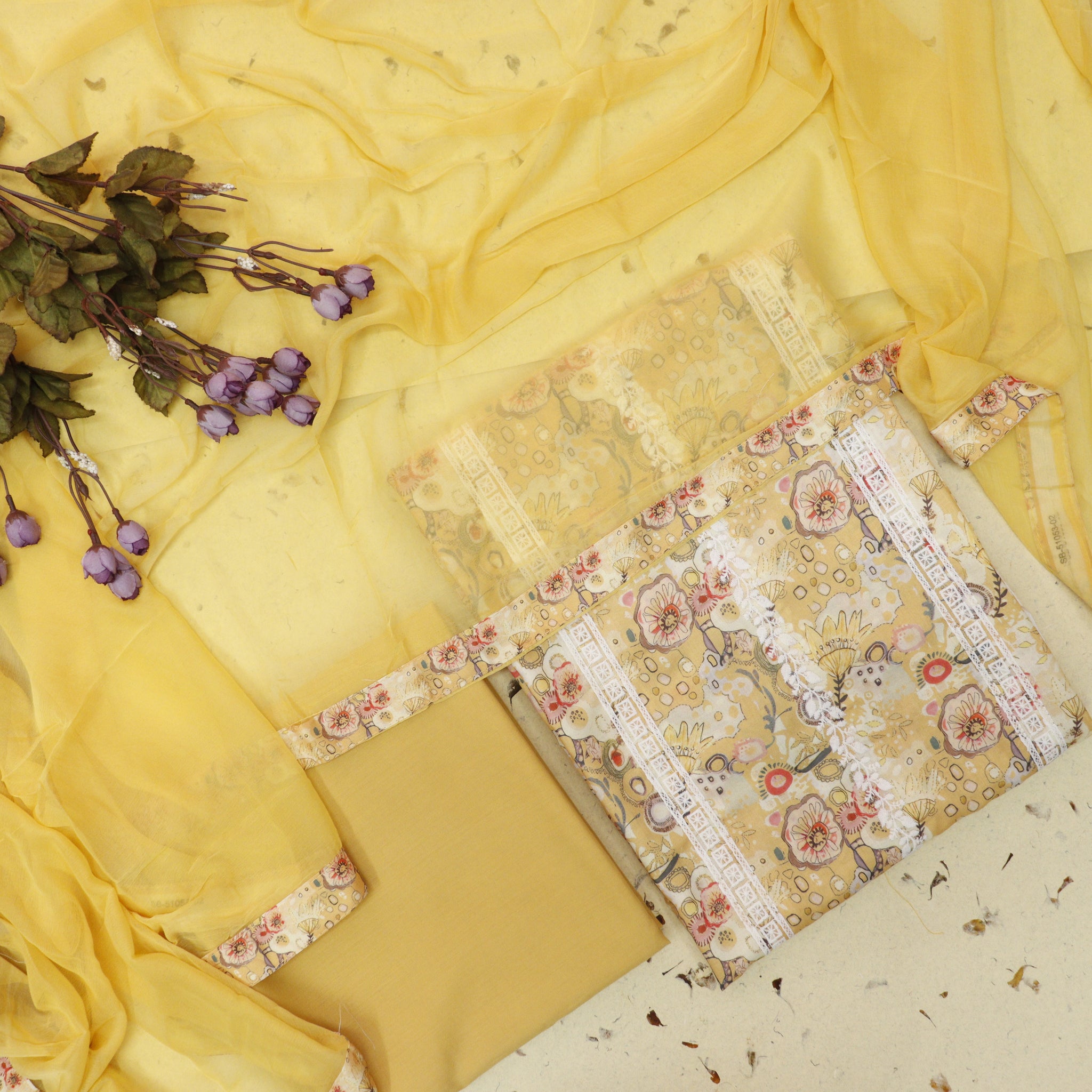 Sundari Corn Yellow All Over Thread Embroidered Work Cotton Suit Set