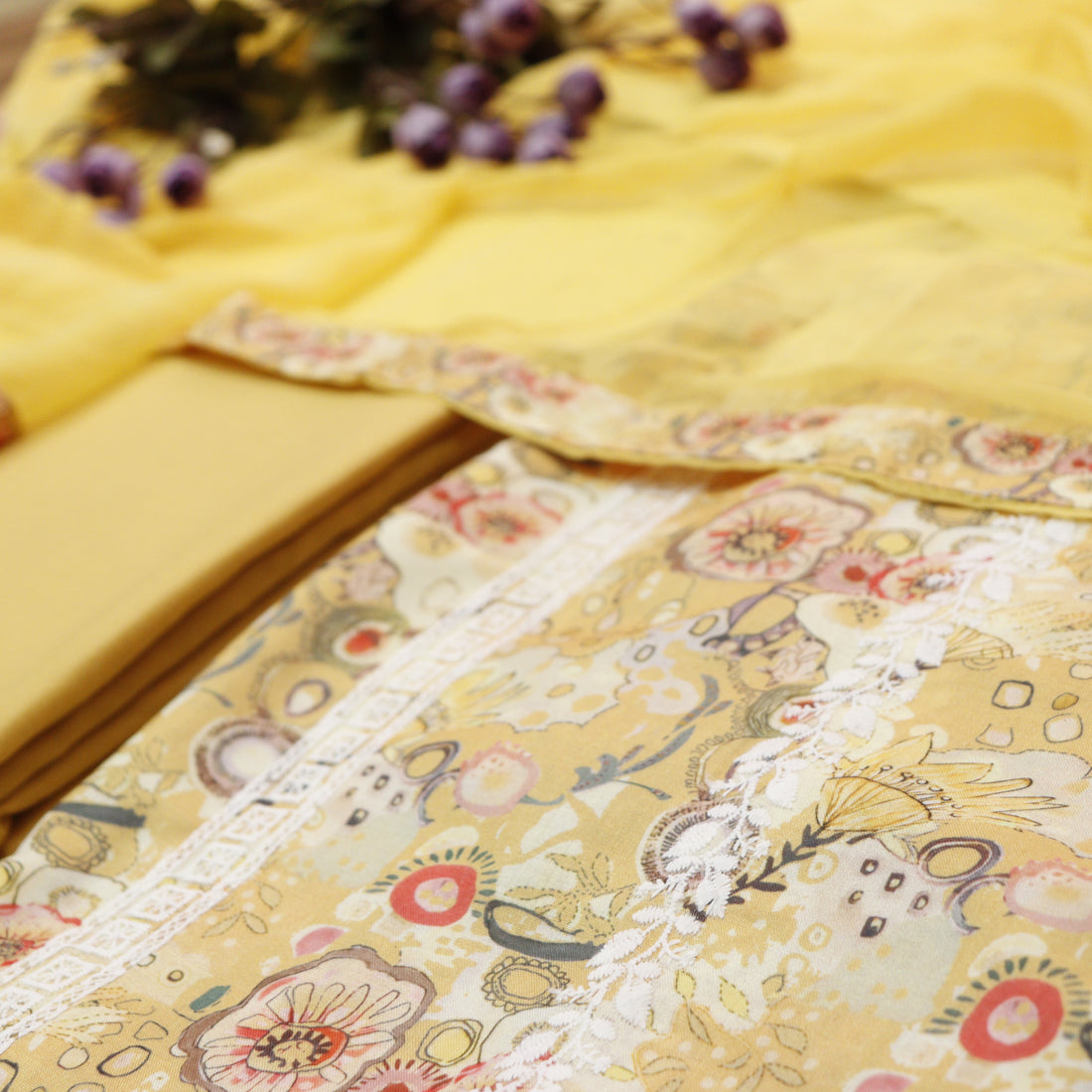 Sundari Corn Yellow All Over Thread Embroidered Work Cotton Suit Set