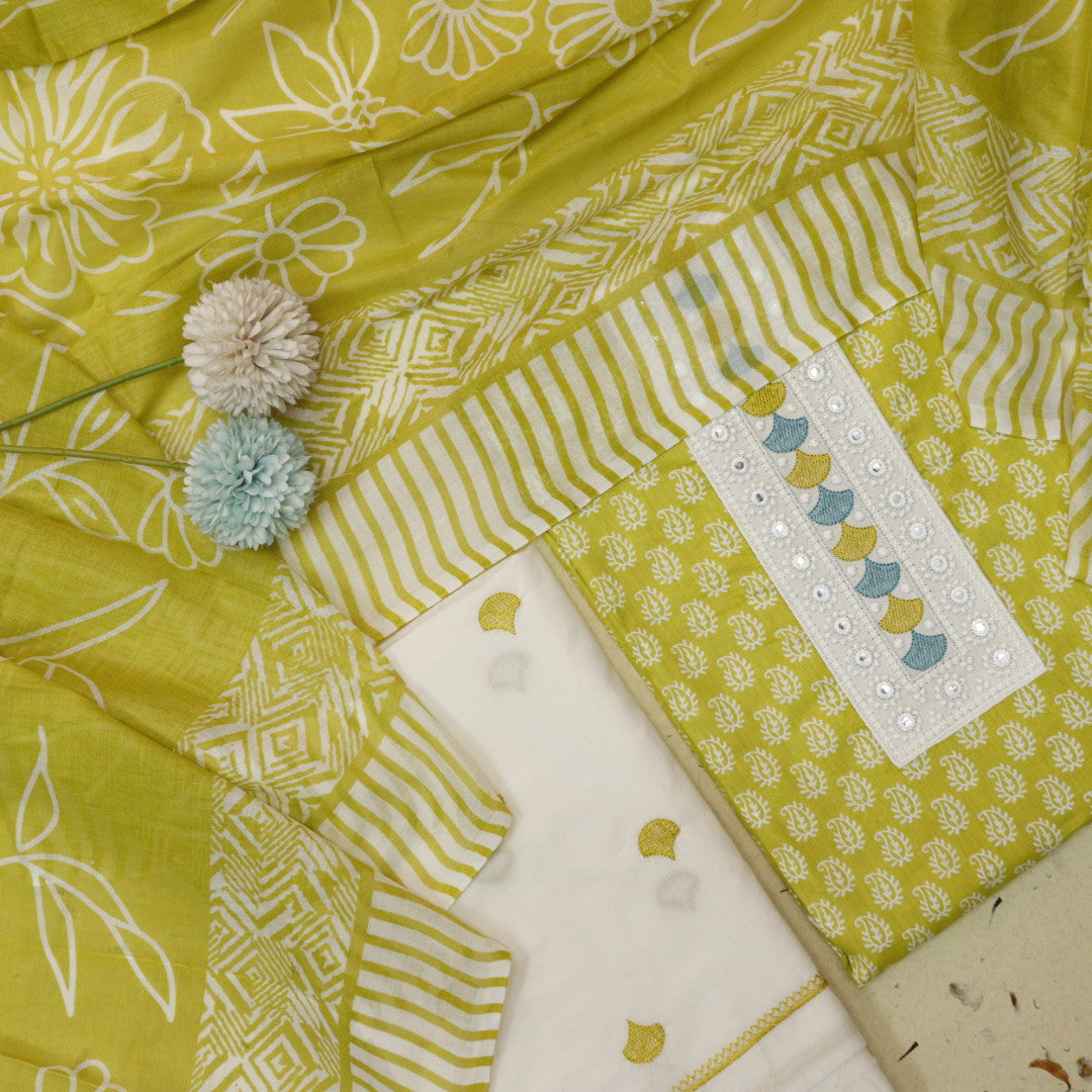 Farhana Lemon Yellow Lace Patch Neck in Printed Cotton Suit Set