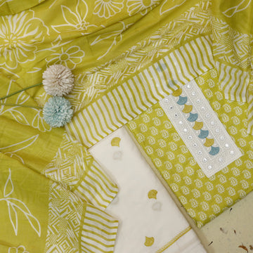 Farhana Lemon Yellow Lace Patch Neck in Printed Cotton Suit Set