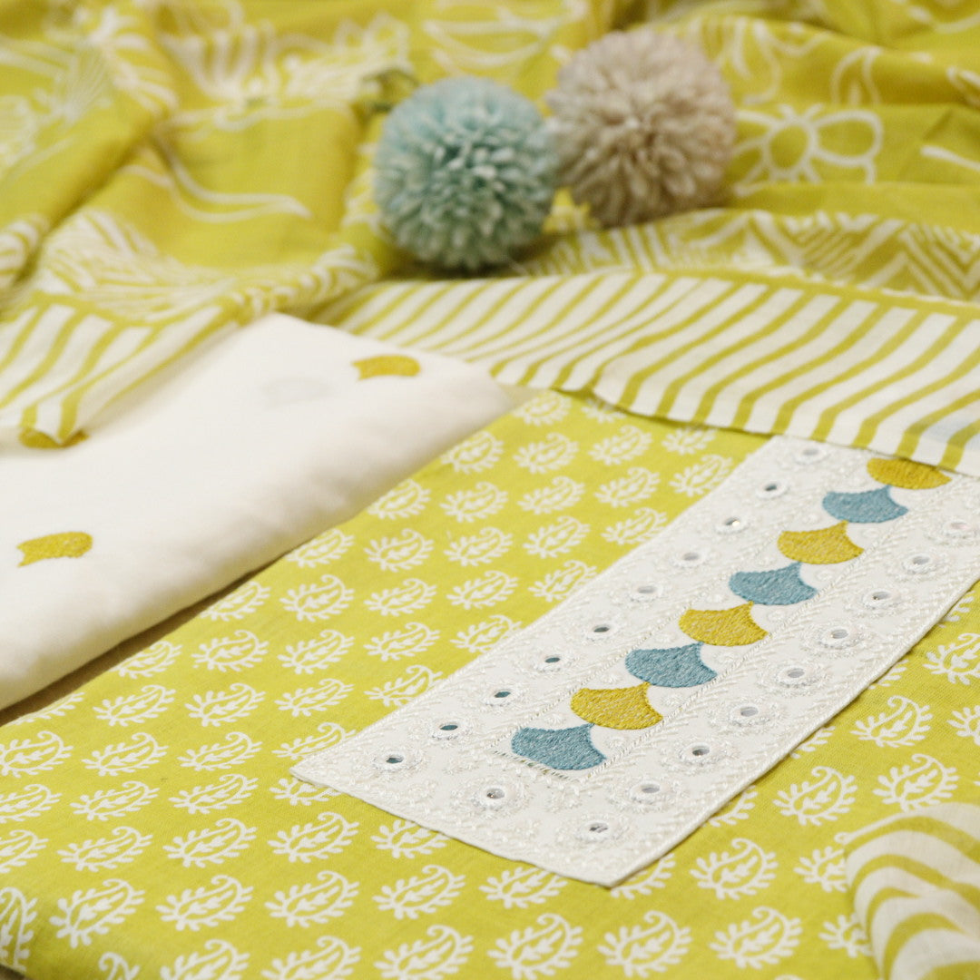 Farhana Lemon Yellow Lace Patch Neck in Printed Cotton Suit Set