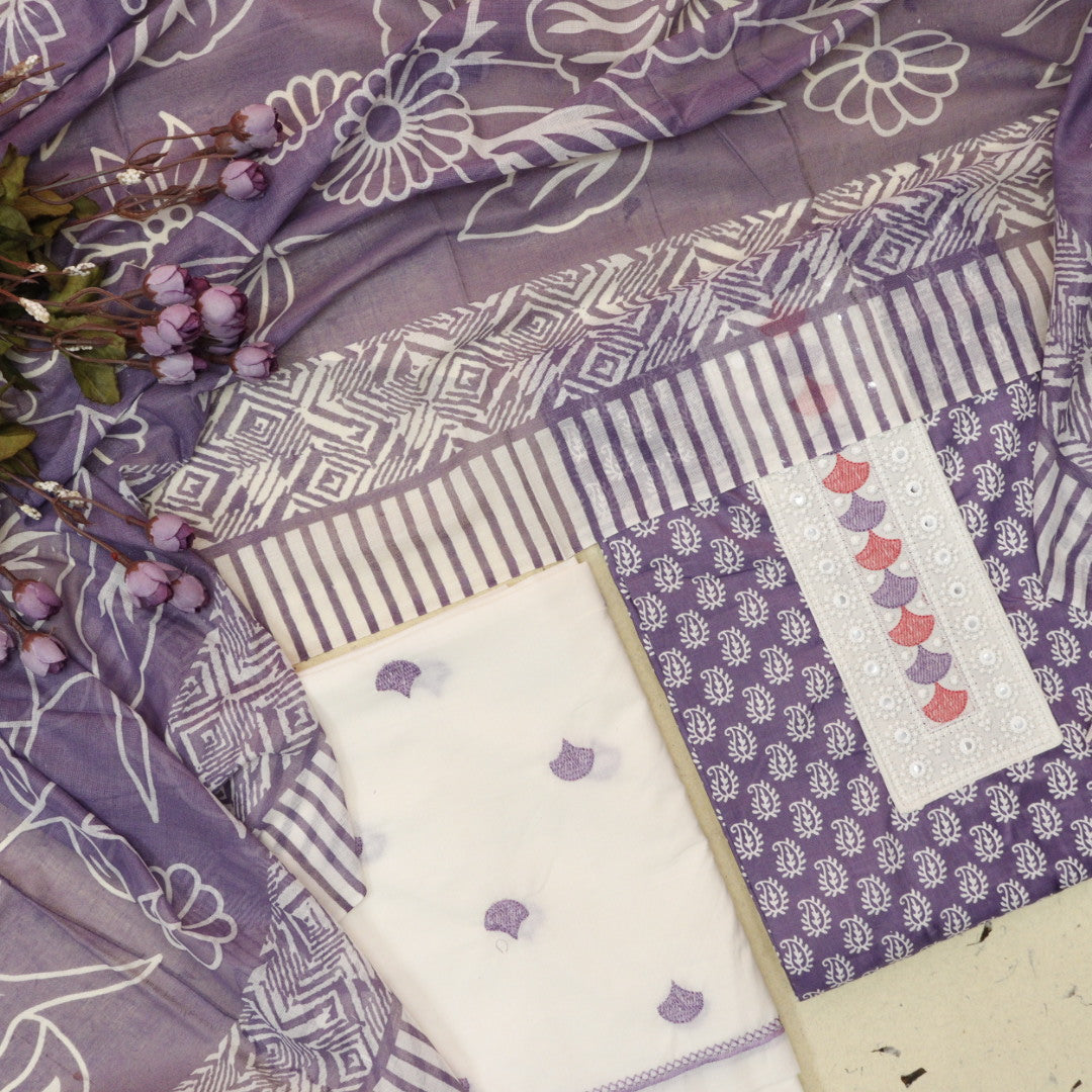 Farhana Heather Lavender Lace Patch Neck in Printed Cotton Suit Set