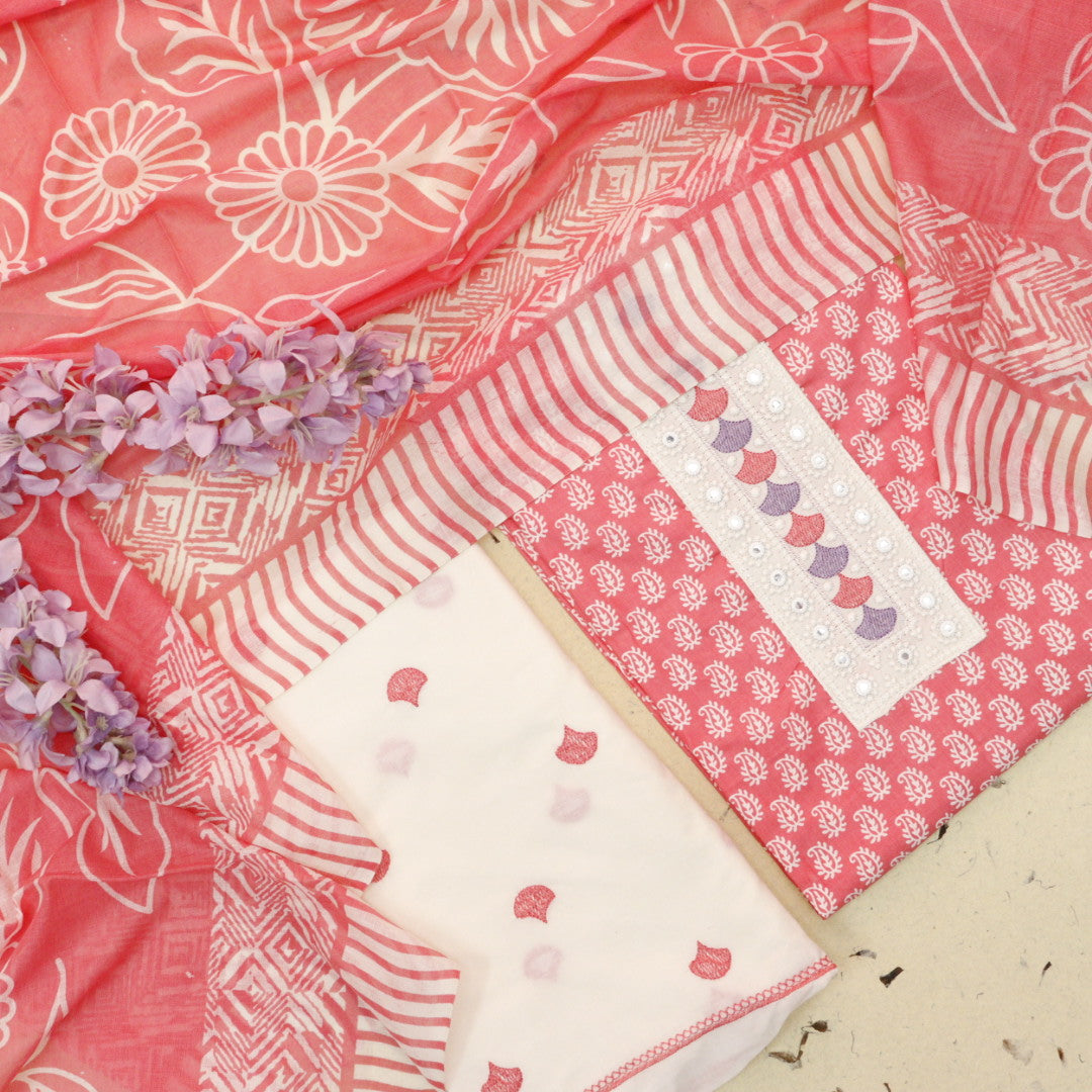 Farhana Coral Blush Lace Patch Neck in Printed Cotton Suit Set