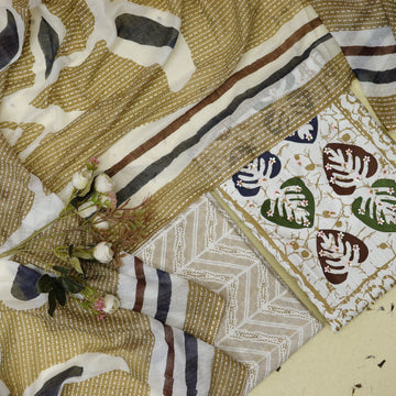 Parchhai Beige Brown Patra Detailing in Batik Leaf Printed Cotton Suit Set
