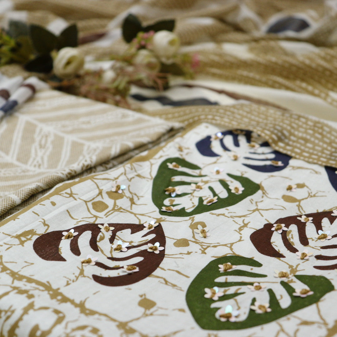 Parchhai Beige Brown Patra Detailing in Batik Leaf Printed Cotton Suit Set