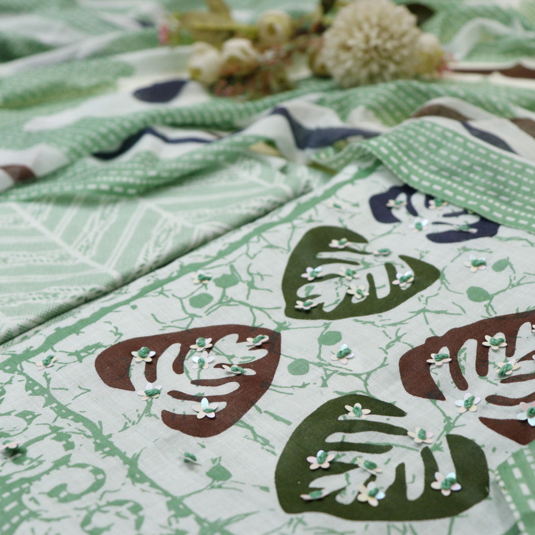 Parchhai Sea Green Patra Detailing in Batik Leaf Printed Cotton Suit Set