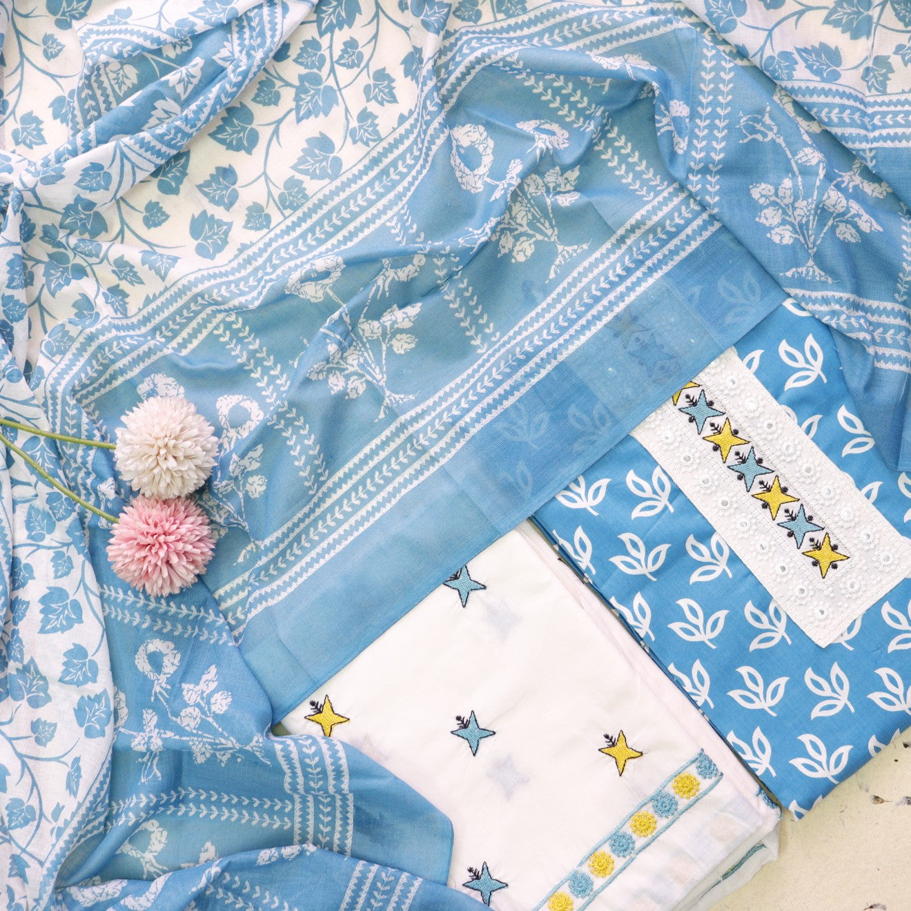 Phooleri Sapphire Blue Lace Patch Neck in Floral Printed Cotton Suit Set