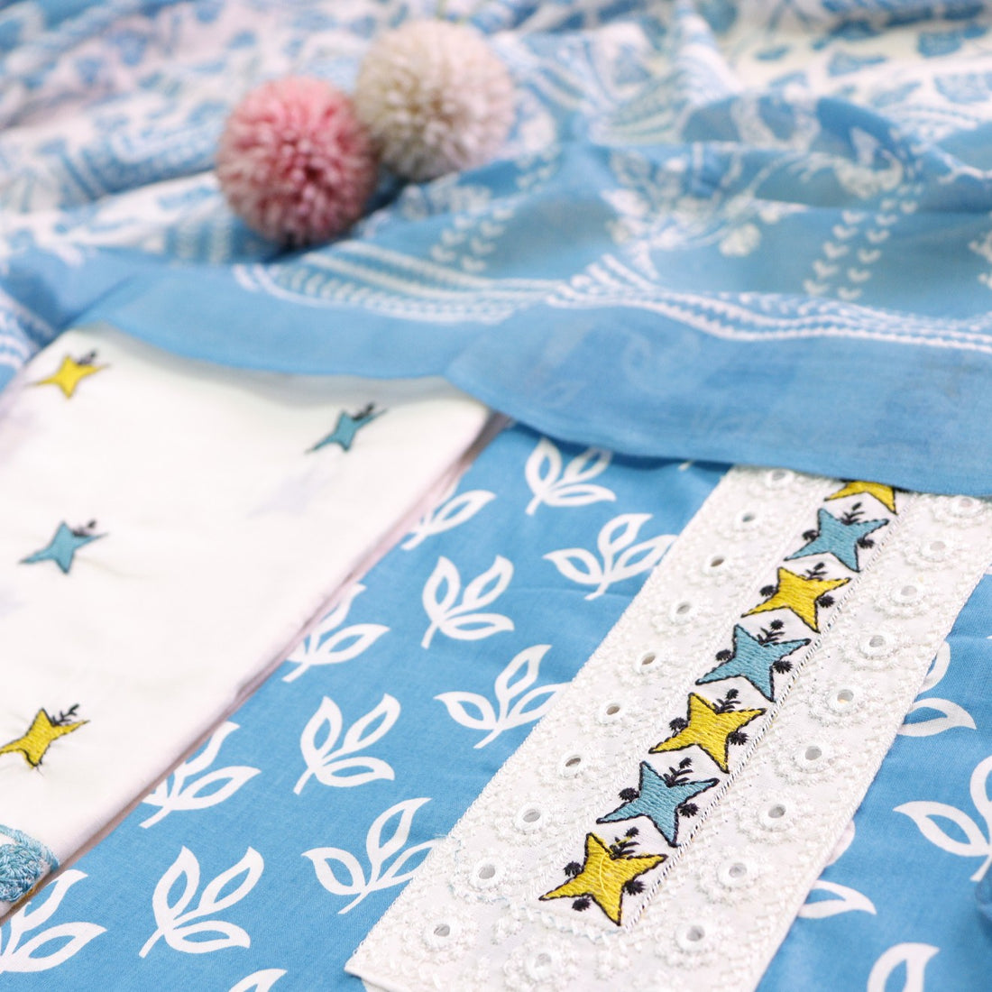 Phooleri Sapphire Blue Lace Patch Neck in Floral Printed Cotton Suit Set