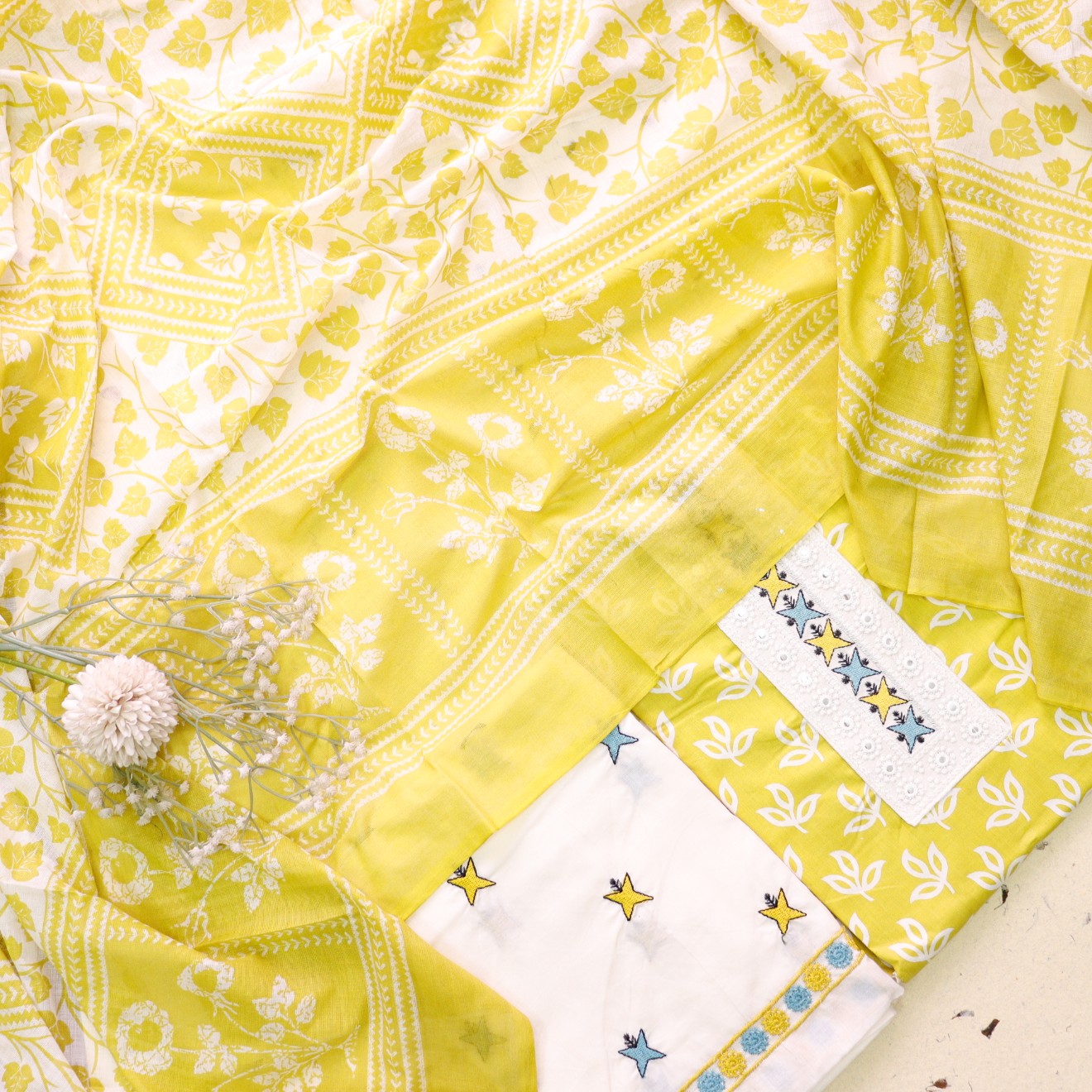 Phooleri Corn Yellow Lace Patch Neck in Floral Printed Cotton Suit Set