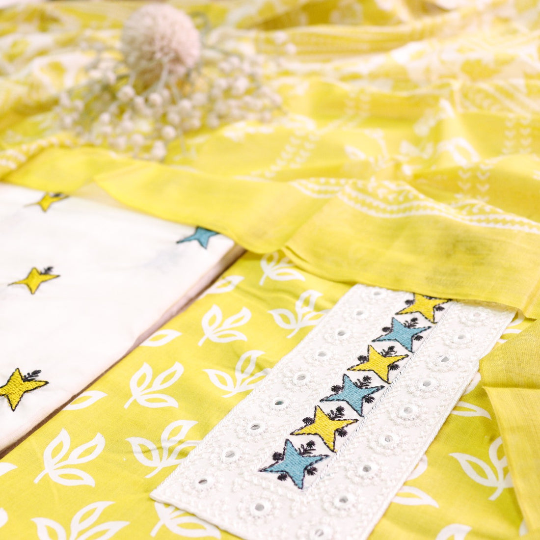 Phooleri Corn Yellow Lace Patch Neck in Floral Printed Cotton Suit Set