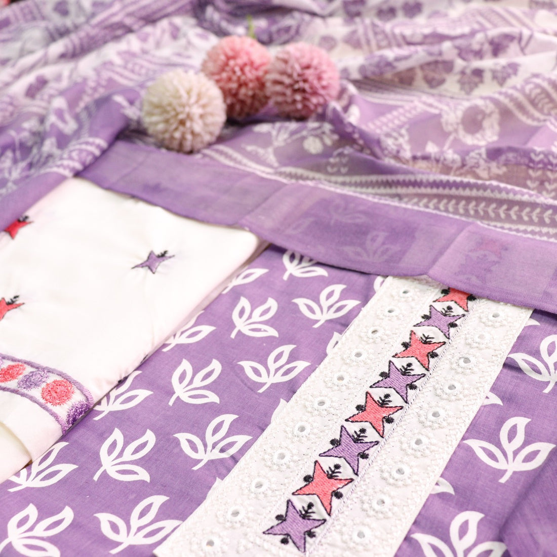 Phooleri Lavish Lavender Lace Patch Neck in Printed Cotton Suit Set