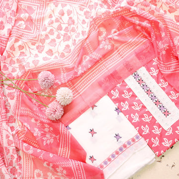 Phooleri Fuchsia Pink Lace Patch Neck in Floral Printed Cotton Suit Set
