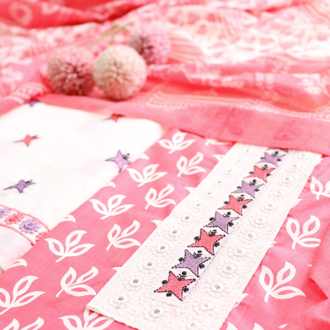 Phooleri Fuchsia Pink Lace Patch Neck in Floral Printed Cotton Suit Set